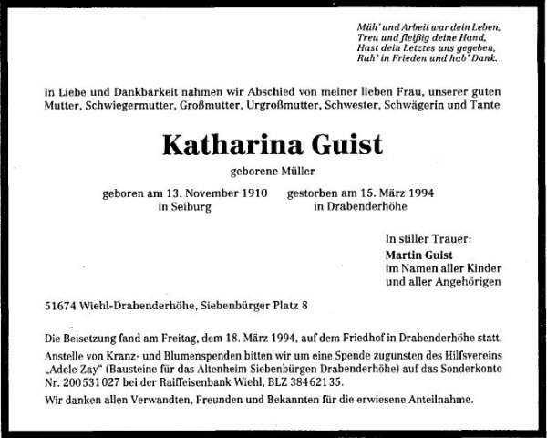 Mueller Katharina 1910-1994 Todesanzeige